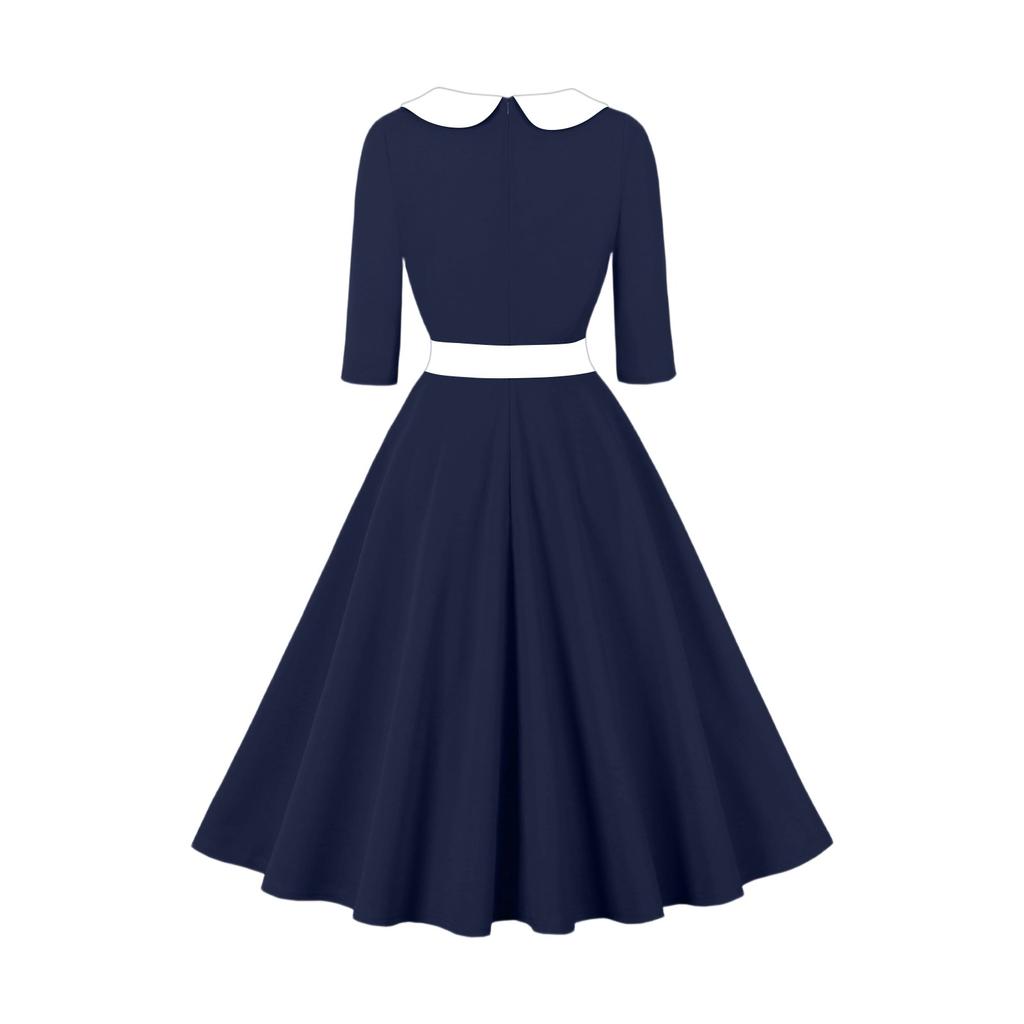 Женское платье миди с рукавом три четверти, однотонное, в стиле ретро, с воротником-стойкой и большой юбкой-клеш
