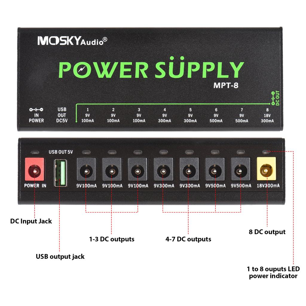 MOSKYAUDIO 8-Channel Guitar Pedal Power Supply with Independent Short Circuit Protection LED Power