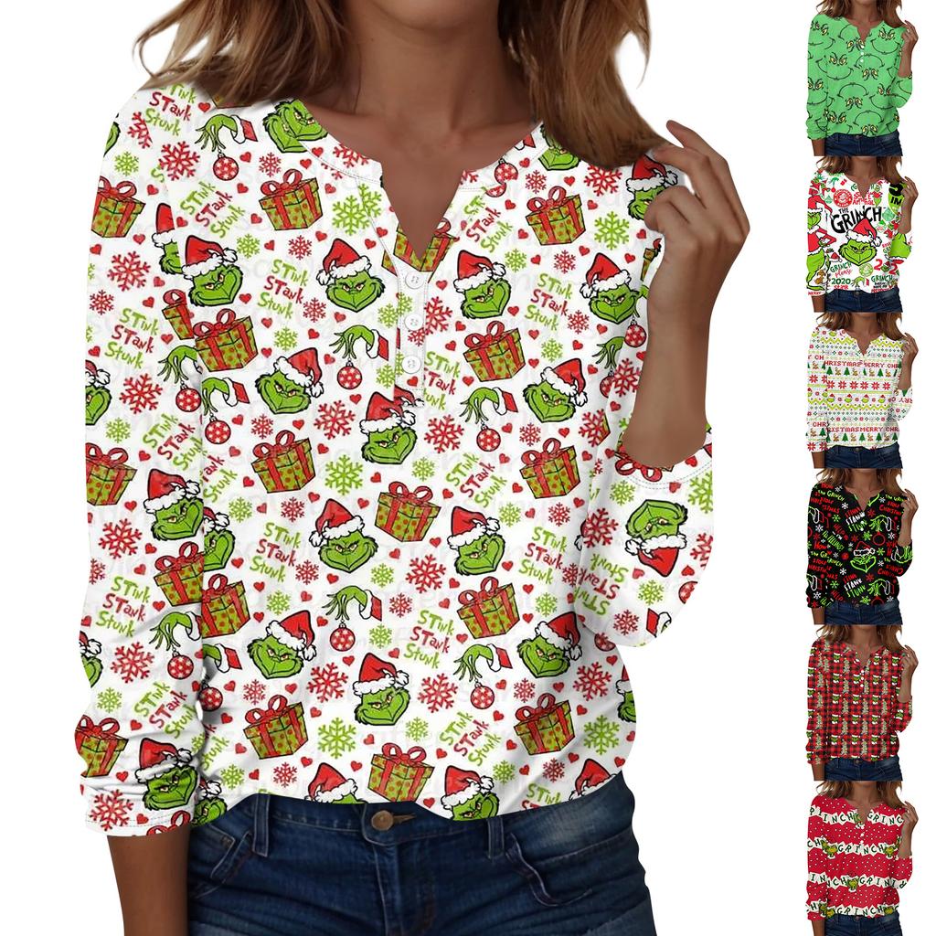 Women's Fashion Casual V-Neck Long Sleeve Decorative Button Christmas Print Top