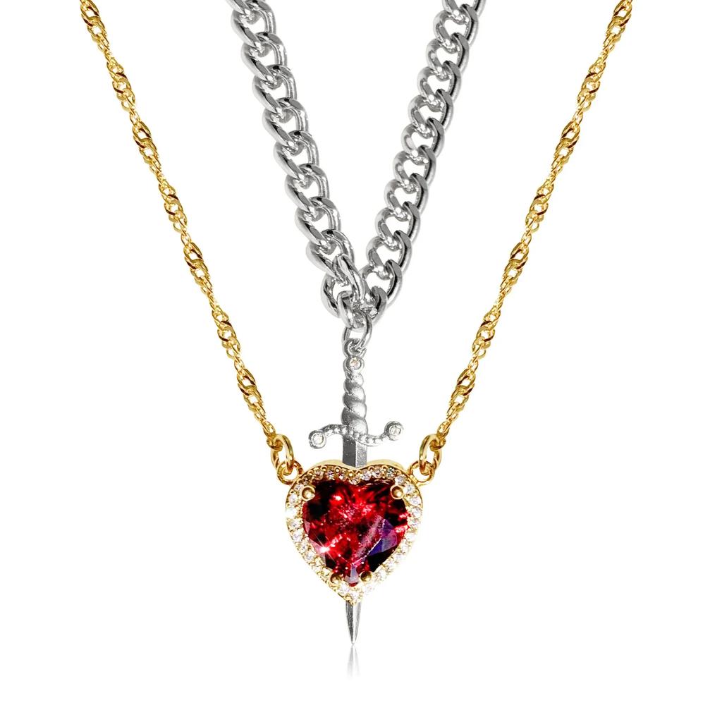 Can Be Assembled Heart and Sword Zircon Pendant Necklace for Women Men Couple Silver Gold Plated Choker Chain Jewelry
