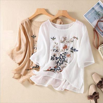 Женская верхняя блузка с коротким рукавом и круглым вырезом, хлопково-льняная блузка, летняя повседневная рубашка в стиле ретро с вышивкой