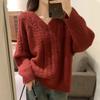 Retro Hong Kong Style V-neck Twist Sweater for Women In Autumn and Winter New Style Lazy Burgundy Warm Knitted Pullover Top