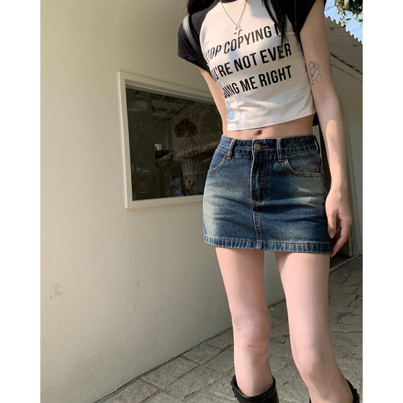 2024 Ретро корейский стиль юбка-трапеция с заниженной талией джинсовая юбка для женщин