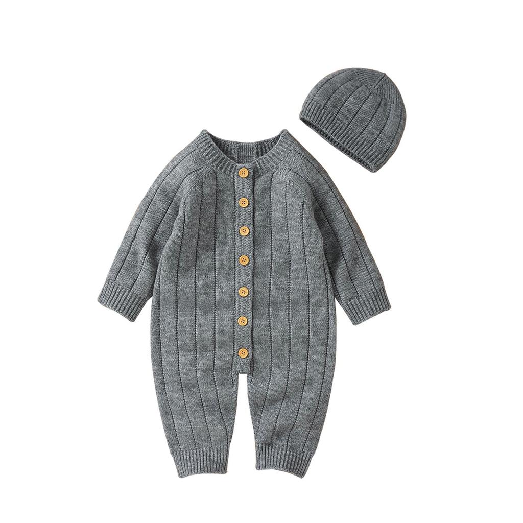 Infant Winter Jumpsuit and Cap, Solid Color Long Sleeve Single-breasted Knitted Romper, 0-18 Months
