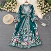 High Quality Holiday Style Women Fashion Vintage Spring Summer Flower V Neck Lantern Sleeve Lace Up Bow Beach Boho Maxi Dresses