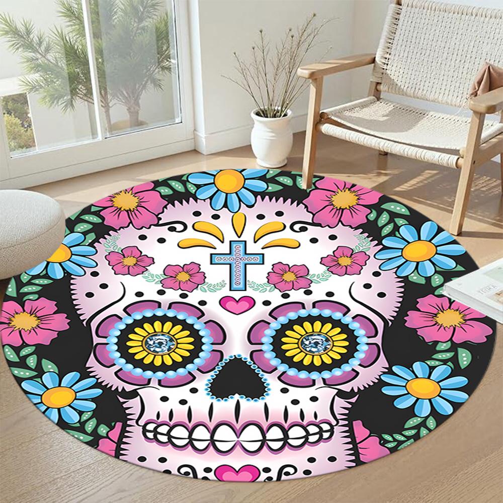 Skull Round Office Rug Design for Foyer Playrooms Game Room Study room Anti-slip Round Rug Decorate Offices Perfect Gift for Women Men
