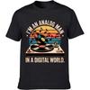 Adult Men O Neck tshirt Brand Analog Man In Digital World Vinyl Record Turntable Music Notes Sunset Background Minimalist