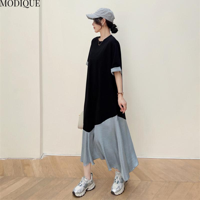 MODIQUE Summer Plus Size New Women Basic Loose Color Matching Patchwork Pleated Long Dresses Female Casual Short Roll-up Sleeve O-Neck Dresses
