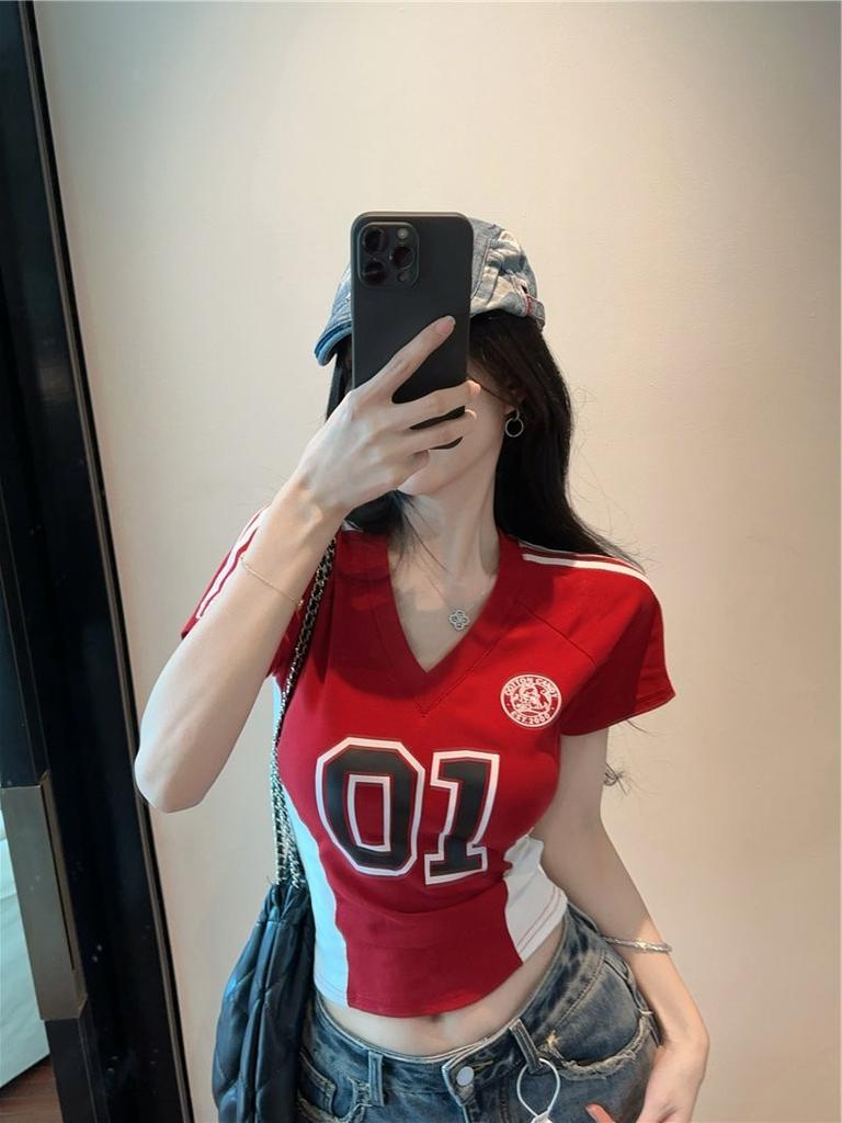 American Retro Striped Color Block Print Short Sleeve T-Shirt Women Summer Slim Fit Short Style V-Neck Sports Ball Game Top