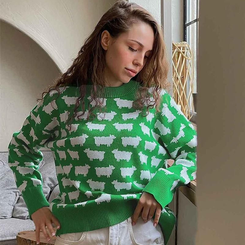 Зимний вязаный свитер с принтом альпаки, женский свободный повседневный свитер с круглым вырезом и длинным рукавом, женский модный повседневный элегантный трикотажный свитер, женский тренд 2024 года