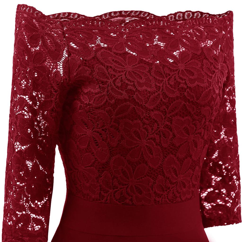 Women Vintage Swing Dress Floral Lace Bodice Off Shoulder Bardot Sheer 3/4 Sleeve Fit and Flare Cocktail Evening Party Going Out Wear Occasion Outfits