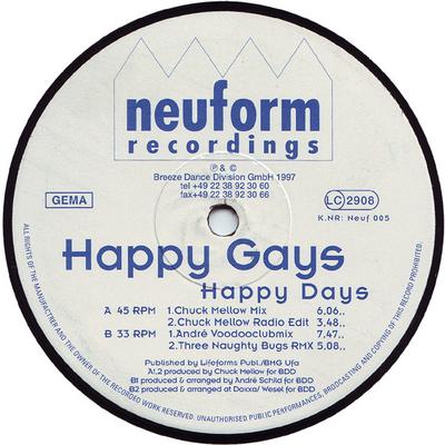12-дюймовая пластинка HAPPY GAYS - Happy Days NEUF005 Neuform Recordi 1997 Германия Танцевальная и Электронная Б/У