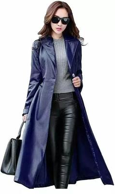 Пальто тренч женское из овчины ручной работы длинное темно-синее кожа натуральная для вечеринки стильное