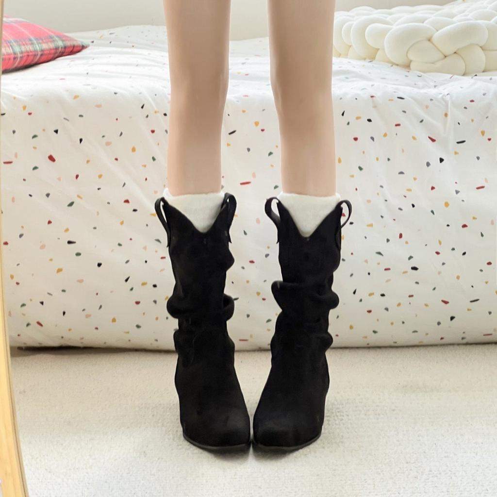 Autumn and Winter Short Boots New 2025 Stacked Khaki Boots Pointed Knight Boots Women's Boots Thin Thick Heel Medium Tube
