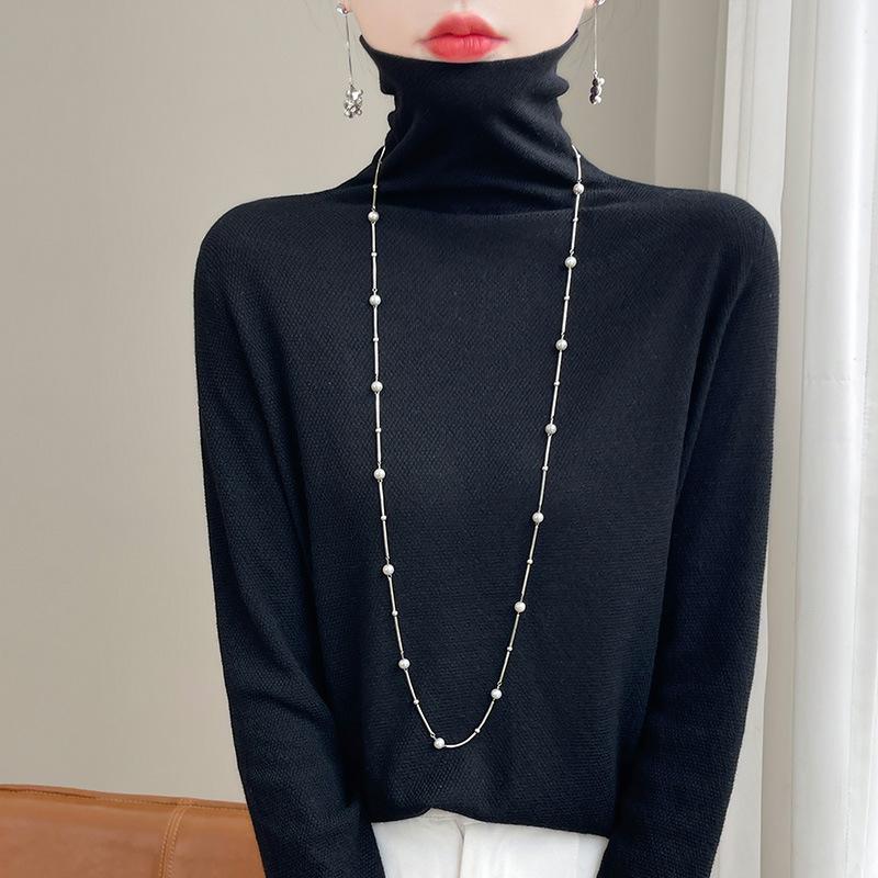 Осенний женский вязаный свитер с наборным воротом, длинный рукав, женские однотонные топы