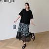 MODIQUE Summer Plus Size Women Loose Versatile A-Line Floral Print Lace Patchwork Pleated Cotton T-Shirt Long Dresses Female Casual O-Neck Dresses