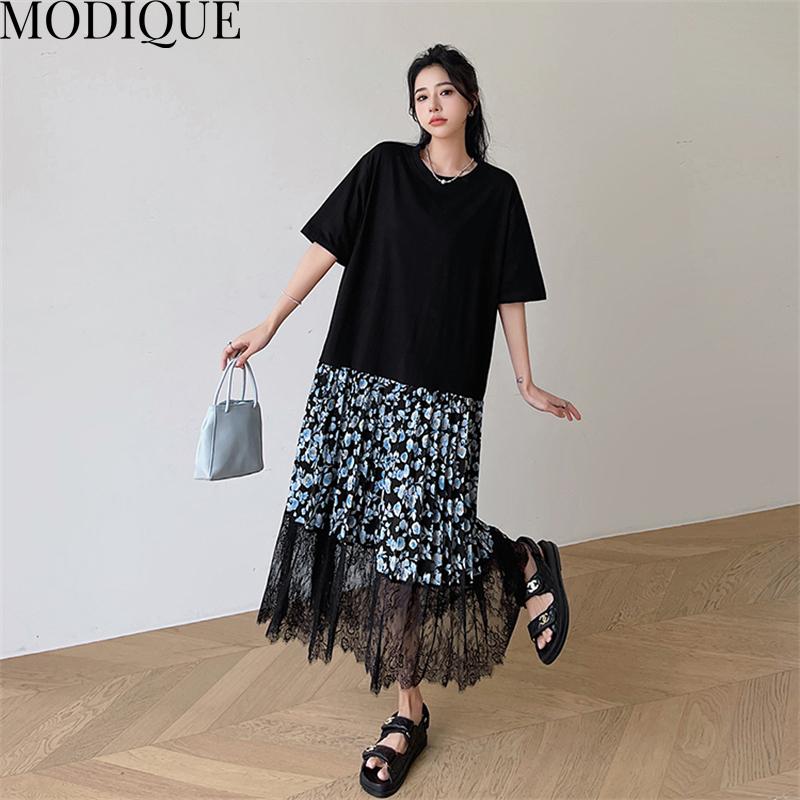 MODIQUE Summer Plus Size Women Loose Versatile A-Line Floral Print Lace Patchwork Pleated Cotton T-Shirt Long Dresses Female Casual O-Neck Dresses