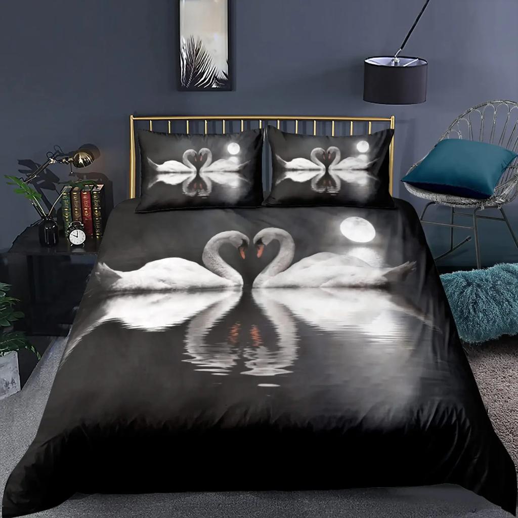 Swan Black And White Swan Comfortable Duvet Quilt Cover Pillowcase Bedding Set Children Bedroom Decoration Home Textile