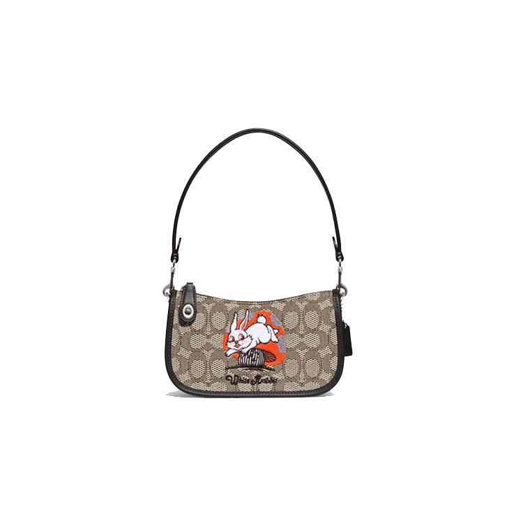 New COACH All White Rabbit Collaboration Swinger Cow Leather With Fabric Shoulder Bag Women's Khaki & Black CG275-LHUW7