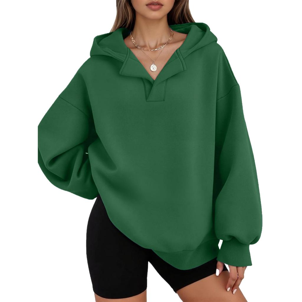 Women's Casual V-neck Pullover Long-sleeve Solid Color Fleece-lined Hooded Sweatshirt Top
