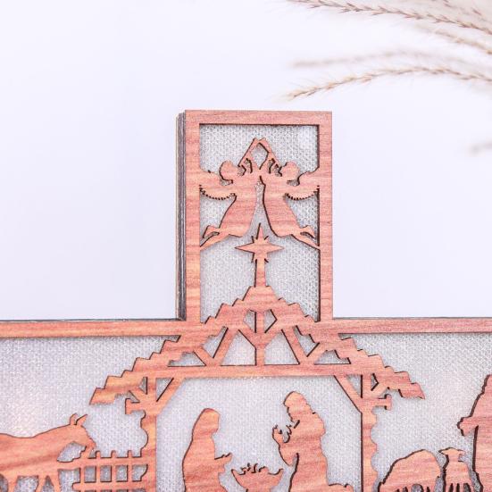 Christmas Wooden Nativity Scene Set Christian Religious Rustic Tabletop Decoration with LED Light for Shelf