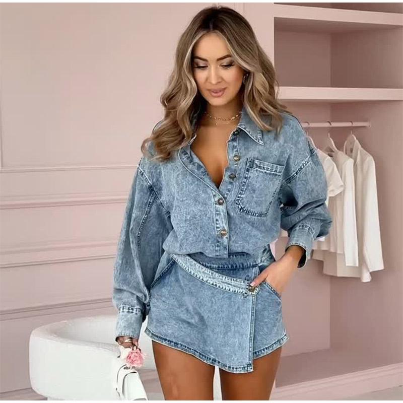 Модные комплекты из джинсовой ткани с короткими юбками для женщин, стильный однобортный свободный пиджак с лацканами, юбки А-силуэта, женские весенние комплекты из 2 предметов
