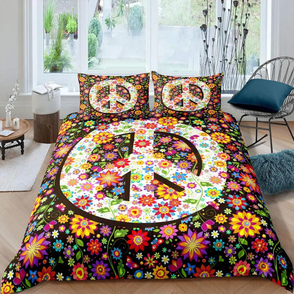 Boho Hippie Psychedelic Flowers Duvet Cover Colorful Peace Sign Bedding for Boys Girls Women Bedroom Decorative Rainbow Tie Dye