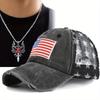2Pcs Men Women Sports Baseball Cap Necklace Set Couple Cross Pendant Necklace Embroidery Duck Tongue Mesh Cap Fashion Casual Sun Protection Shade Cap