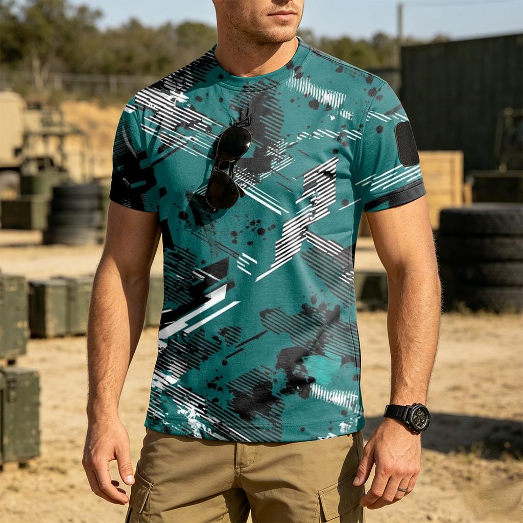 Men Tactical Camouflage Pattern Crew Neck Loose Fit Short Sleeve Outdoor Quick Dry T Shirt with Velcro Patch Panel