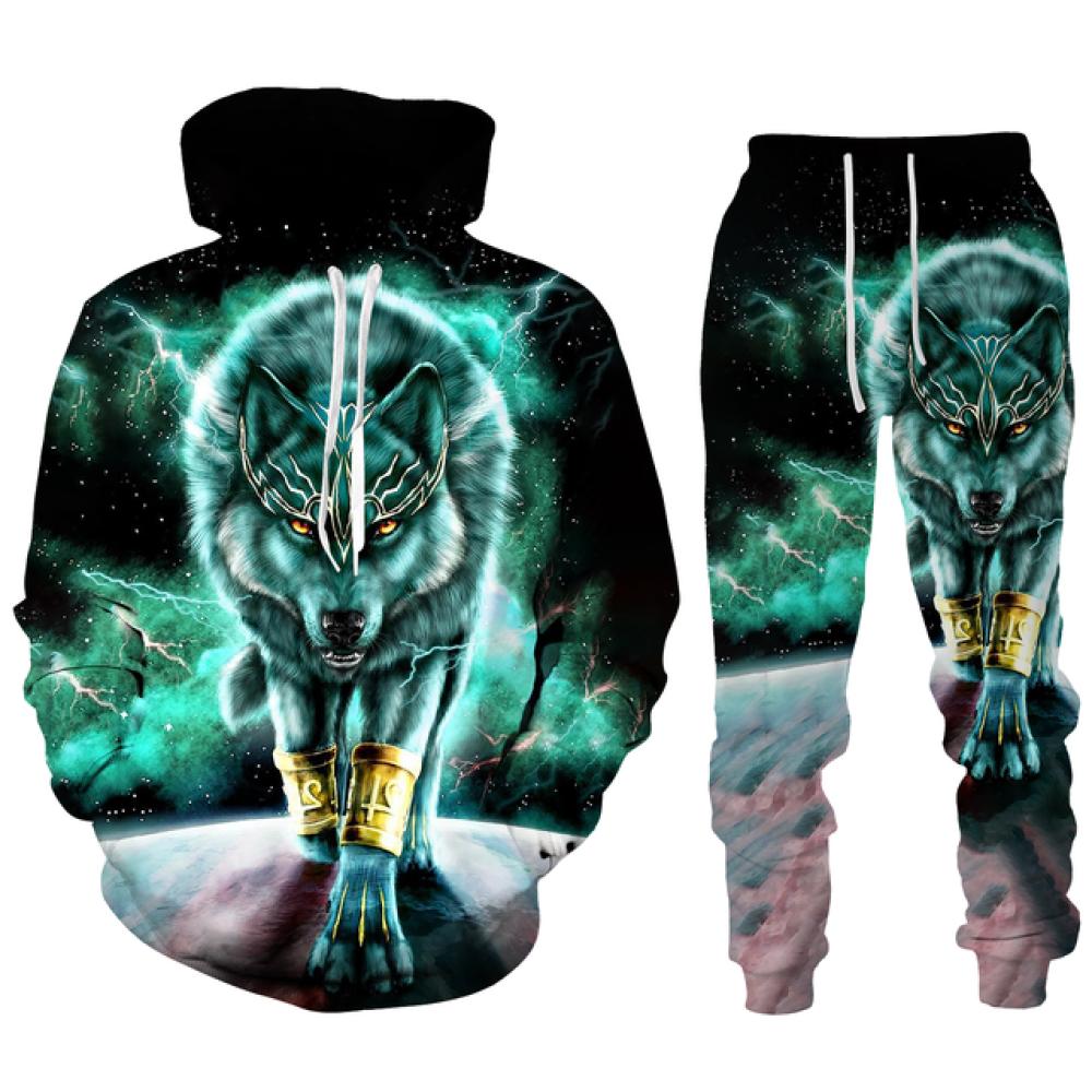 Модная уличная одежда, мужские комплекты, спортивные костюмы, новые мужские толстовки с принтом волка и спортивные штаны, костюм из двух предметов, повседневная мужская одежда с капюшоном