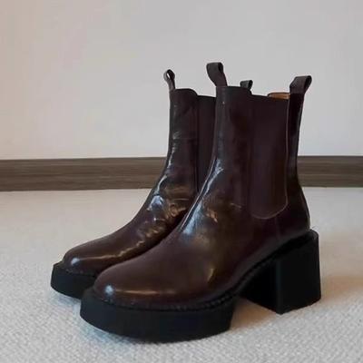 Версия из коровьей кожи~ Короткие ботинки на кожаной платформе женские осенне-зимние ретро ботинки челси на толстом каблуке тонкие ботинки ботинки мартин