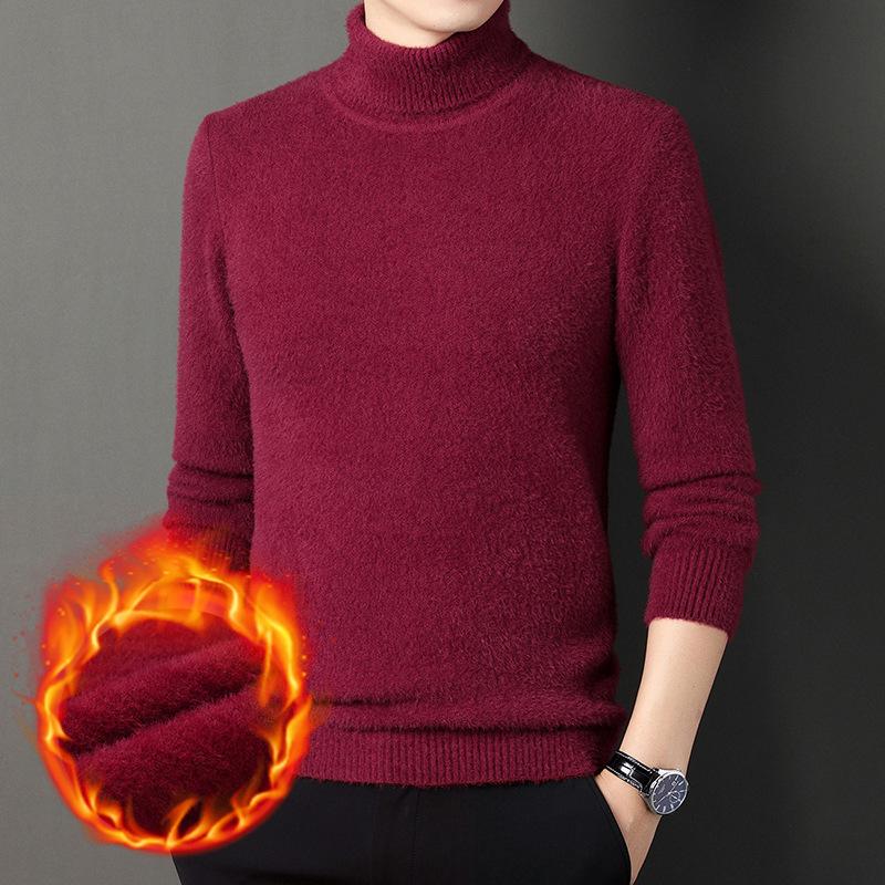 Men's Winter Solid Color Warm Turtleneck Thick Sweater Imitation Mink Velvet Knitted Base Layer Plus Velvet Sweater
