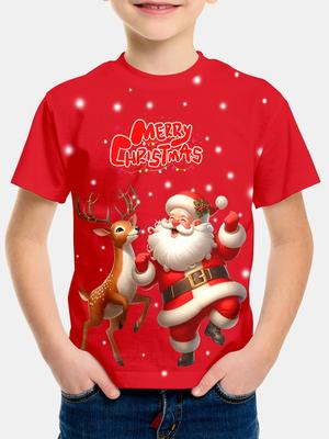 Красная детская футболка с принтом Санта-Клауса и оленей, подходящая для праздничных торжеств
