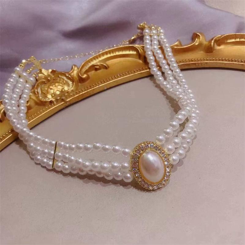 French Retro Small Fragrance Three-Layer Pearl Necklace Flash Diamond Pearl Wedding Dress Clavicle Chain For Women Neck