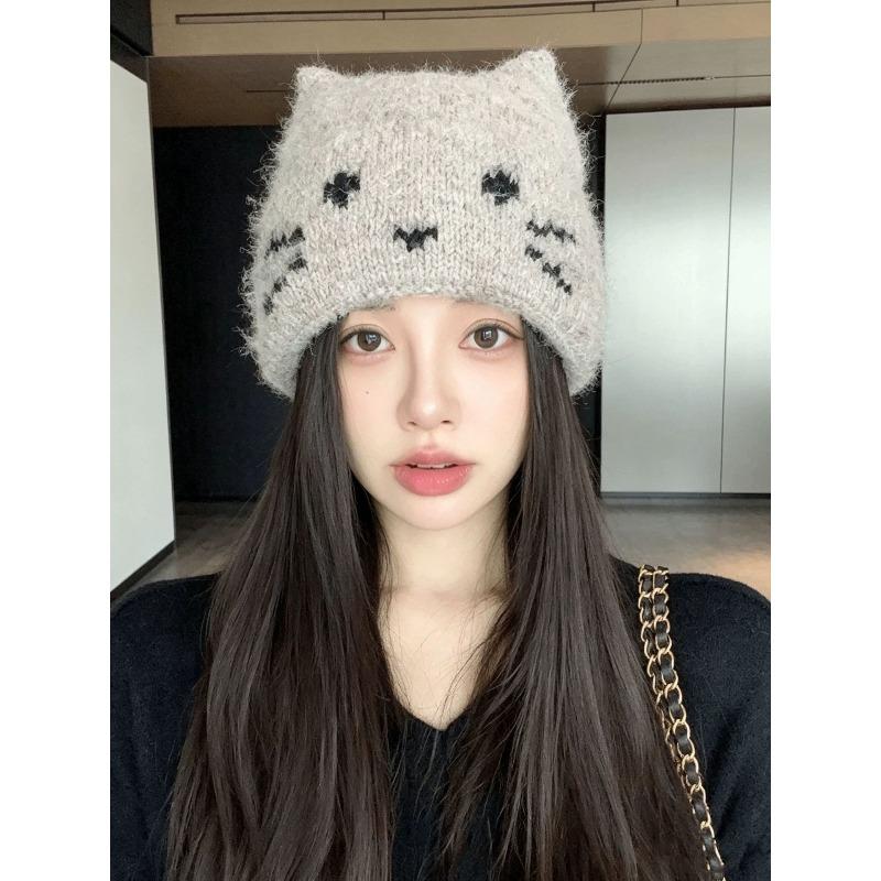 Korean cat ears cute knitted hat women's autumn and winter cold and warm ear protection wool hat sweet versatile bald hat