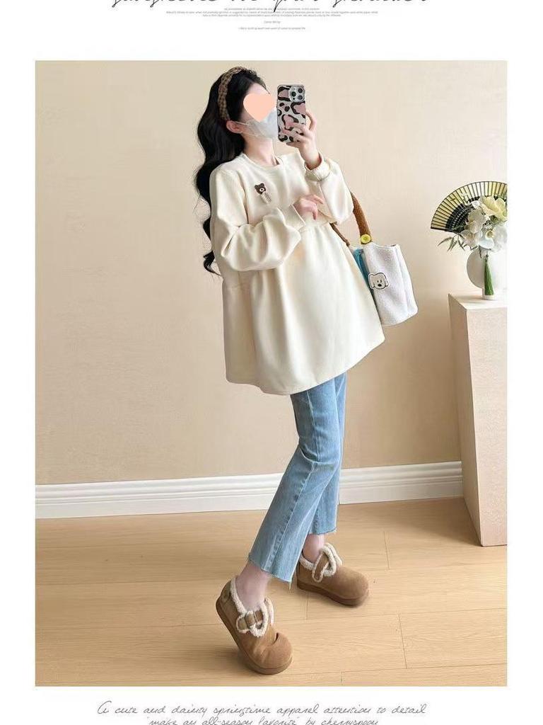 2025 Корейский стиль Свободный с круглым вырезом Флисовый свитшот для беременных на осень/зиму