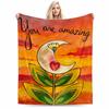 Colorful Sunset Blanket with Crescent Moon, Heart, Leaves, and Positive Quote Blanket, Suitable for Use In the Bedroom, Living Room, On the Sofa
