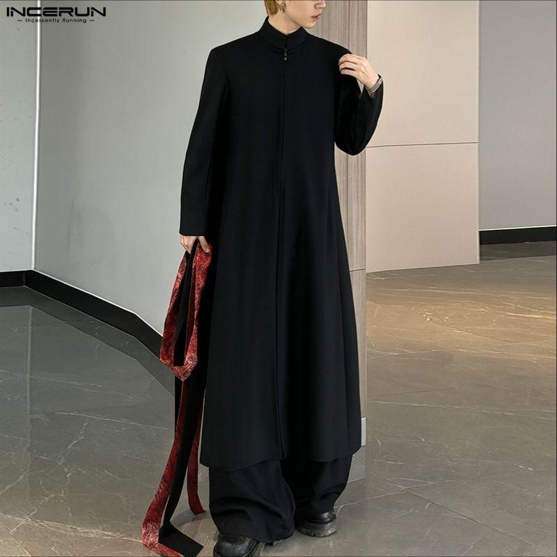 INCERUN Мужские топы с длинным рукавом, на молнии спереди, однотонные, повседневные, свободного кроя, удлиненные туники