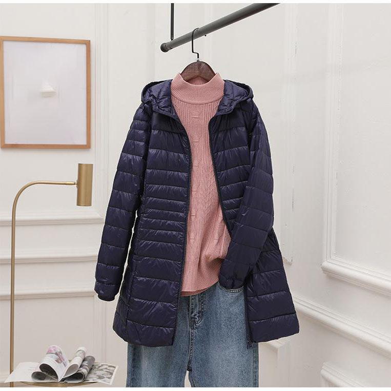 Женский длинный теплый пуховик с портативной сумкой для хранения, женский легкий пуховик, женские пальто длиной до бедра, High Street