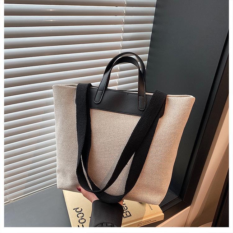 Leisure and Art Splicing Canvas 2025 Weaving Simple New Temperament Commuting Fashion Tote Portable Shoulder Bag