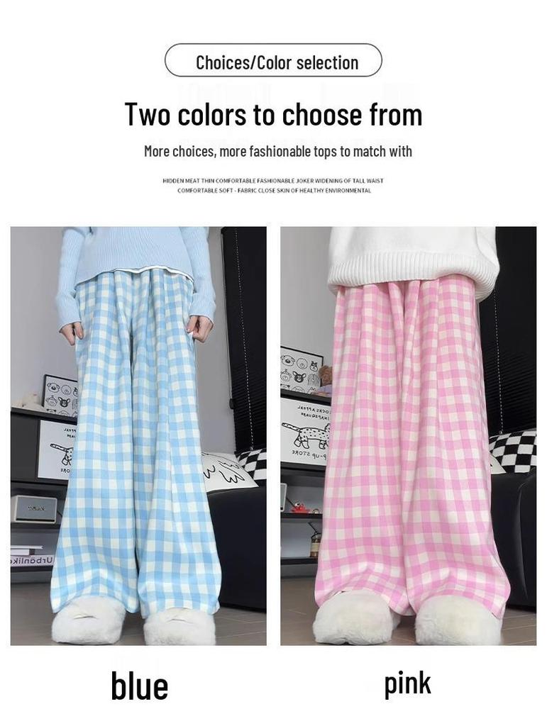Women's Pink Plaid Straight-Leg Pants, Loose Slimming Fit, Casual Wide-Leg, Floor-Length, Spring/Autumn 2025.