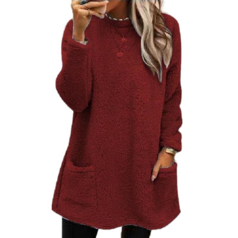 Autumn Winter Solid Color Print O-Neck Women's Long Sleeve Pocket Plush Hoodie T-shirt Top