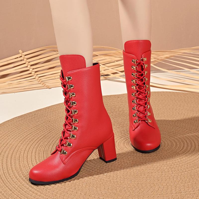 Spring Autumn Ankle Boots for Women Comfortable Platform Botas Women High Heels Lace Up Solid Color Short Knight Boots Big Size