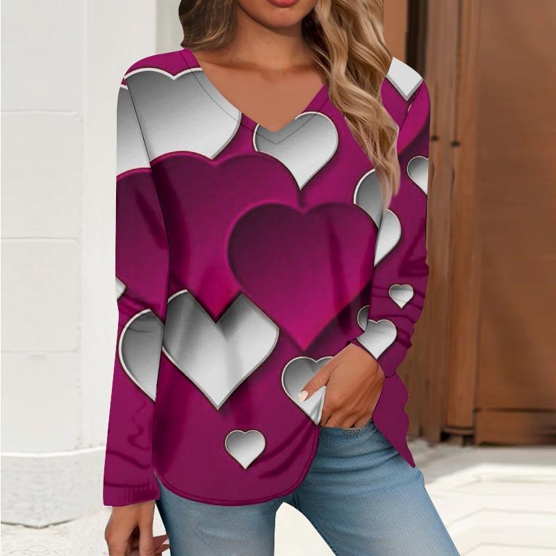 Весна Осень V-образный вырез с цифровым принтом повседневная свободная женская футболка с длинными рукавами пуловеры и длинные рукава (Женский)