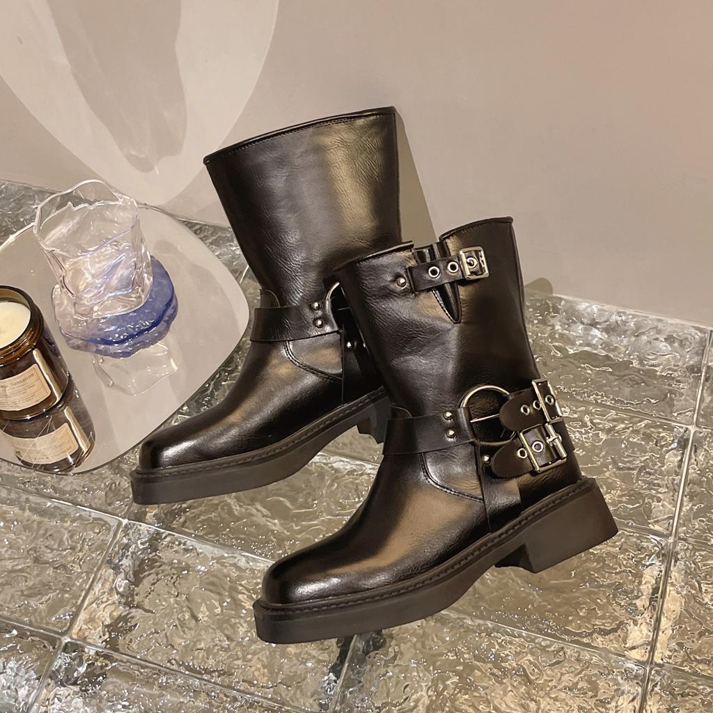 British Style Simple Black Thick Sole Knight Boots Fashion Slip On 4cm Mid Heel Belt Buckle Women Shoes Retro Fashion Short Boot