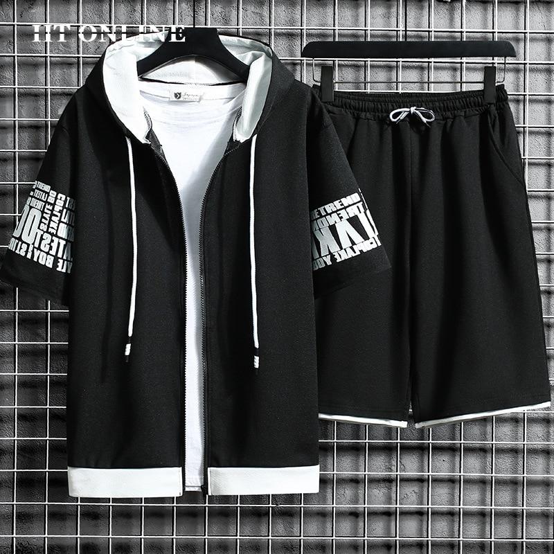 Fashion Men's Sets Hooded Summer Casual Sportswear Men Short Sleeve Zipper Tops+shorts 2 Piece Hip Hop Streetwear Male Tracksuit