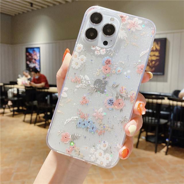 Роскошный прозрачный чехол с цветочным блеском для Iphone 13 11 12 Pro Max Xs Mini Xr X 8 7 Plus Se, модная задняя крышка с листьями и цветочным принтом бабочки