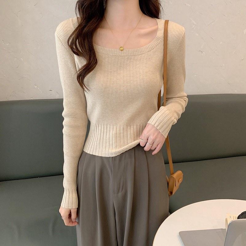 Женская весна-осень с квадратным воротником и длинным рукавом, однотонная тонкая верхняя одежда, короткий вязаный свитер