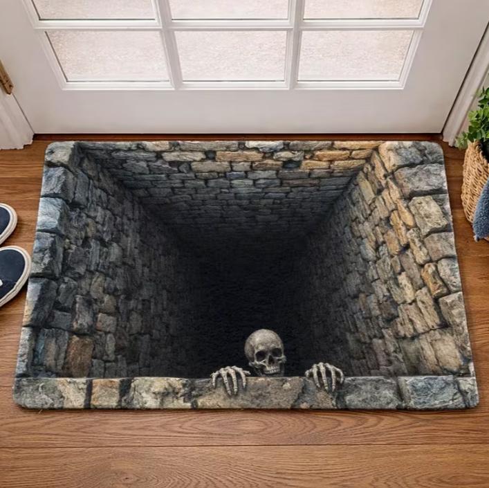 Flannel Material Door Mat, Outdoor Courtyard Door Mat, Skull Stone Wall Horror Style Flannel Rug, Durable and, for Living Room
