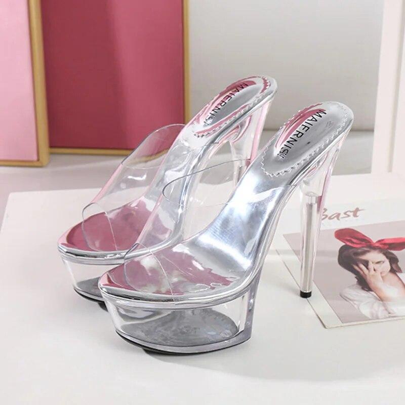 Женские туфли на шпильке, прозрачные сексуальные тапочки с неглубоким горлом и кристаллами, каблук 15 см, платформа 5 см, WZ
